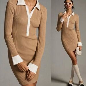 Anthropologie Tan Long Sleeve Dress with White Details